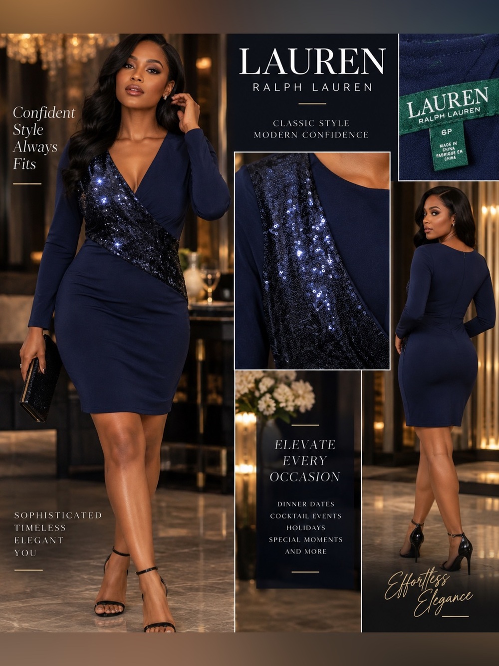 Lauren Ralph Lauren Navy Sequin Wrap-Front Dress size 6P